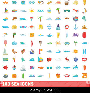 100 Meer Icons set, cartoon-Stil Stock Vektor