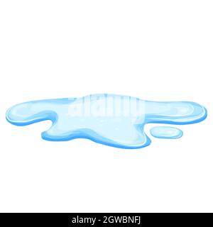 Wasserpfütze im Cartoon-Stil isoliert auf weißem Hintergrund. Verschüttetes Wasser, See oder Flüssigkeit. Designelement. Saisonales Objekt. Vektorgrafik Stock Vektor