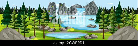 Naturpark mit Wasserfall Landschaft Panorama-Szene Stock Vektor