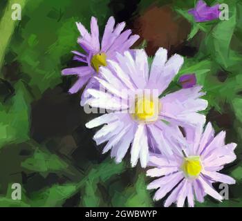 Digitale Malerei mit lila Blüten über grün Stockfoto