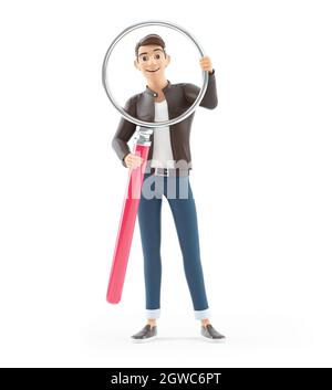 3d Cartoon Mann hält große Lupe, Illustration isoliert auf weißem Hintergrund Stockfoto