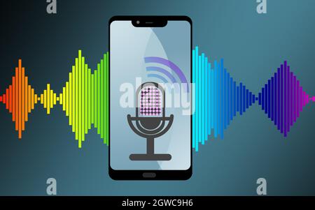 Voice Tech Label mit Smartphone und Voice Assistant, 3D-Rendering Stockfoto