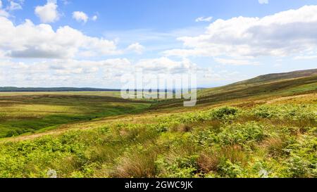 Blick über Langholm Moore Schottland auf die nebelbedeckten Hügel von Cumbria in England Stockfoto