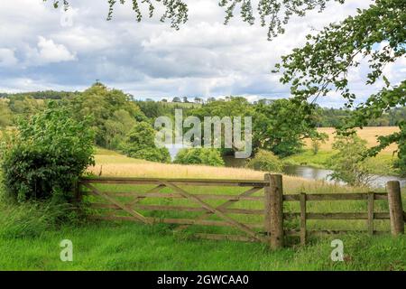 Blick über ein Farmtor auf den Fluss Annan in Dumfries und Gallaway Stockfoto