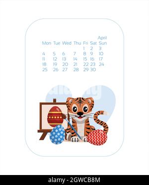 Kalender Design-Vorlage für 2022 Jahr des blauen Tiger chinesischen neuen Jahres. april Vector Stock flache Illustration. Cartoon-Monate für den Kalender Stock Vektor