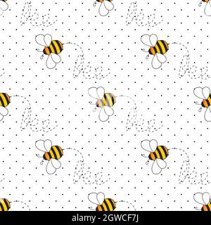 Nahtloses Muster mit Bienen auf weißem Punktmuster Hintergrund. Kleine Wespe. Vektorgrafik. Entzückende Cartoon-Figur. Vorlagendesign für Einladung Stock Vektor