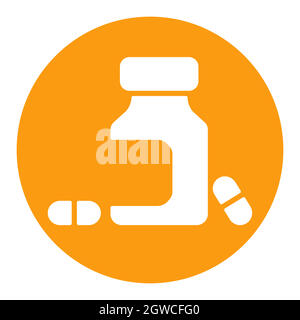 Medizin Flasche und Pillen Vektor weiße Glyphe Symbol. Arzneimittel Stock Vektor