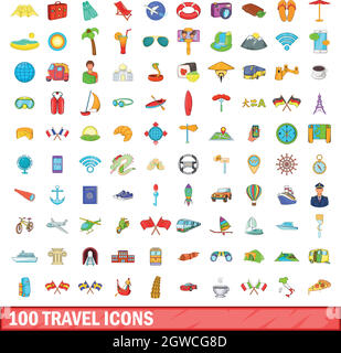 100 Reisen Symbole, Cartoon Stil Stock Vektor