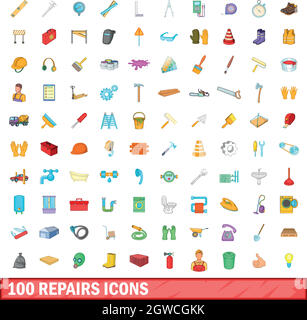 100 Reparaturen Symbole, Cartoon Stil Stock Vektor