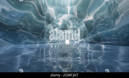 Blauer Eistunnel Kristallhöhle mit Wasser Meer futuristischen Korridor 3d Render Stockfoto
