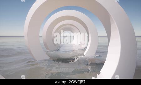 Moderner weißer Spiraltunnelkorridor auf blauem Meerwasser 3d Render Stockfoto