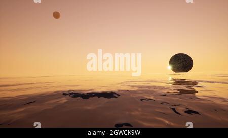 Planet Ocean Mons Alien-Landschaft im 3d-Stil Wave Sea 3d Render Stockfoto