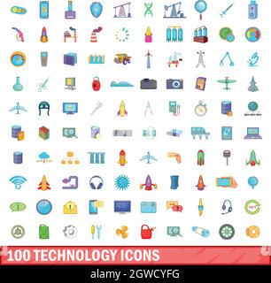 100 Technologie Icons set, cartoon-Stil Stock Vektor