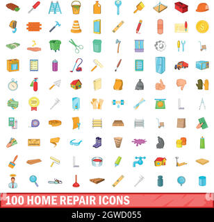100 Home Reparatur Symbole, Cartoon Stil Stock Vektor