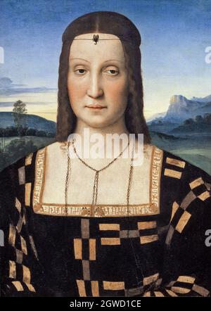 Raphael - Rafaello Sanzio - Portrait von Elisabetta Gonzaga, 1505, Öl auf Holzplatte, Uffizien, Florenz, Italien Stockfoto