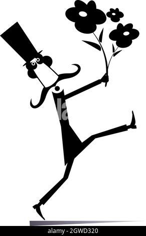 Cartoon Walking Mann mit einem Blumenstrauß Illustration. Langer Schnurrbart Mann in der Hut hält einen Blumenstrauß schwarz auf weiß Stock Vektor