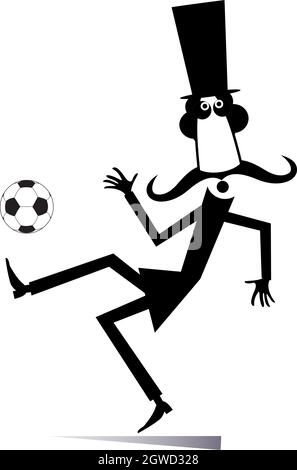 Schnurrbart Mann in der Hut spielt Fußball isoliert. Cartoon langen Schnurrbart Gentleman in der Hut spielen Fußball schwarz auf weiß Stock Vektor