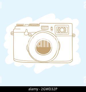 Vintage-Kameras. Handgezeichnetes polaroid-Bild. Retro-Film-Video. Farbiger Umriss. Stock Vektor