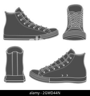 Set aus schwarz-weißen Illustrationen mit Sneakers, Gummischuhen. Isolierte Vektorobjekte auf weißem Hintergrund. Stock Vektor