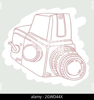 Vintage-Kameras. Handgezeichnetes polaroid-Bild. Retro-Film-Video. Farbiger Umriss. Stock Vektor