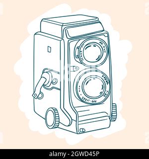 Vintage-Kameras. Handgezeichnetes polaroid-Bild. Retro-Film-Video. Farbiger Umriss. Stock Vektor