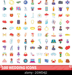 100 Hochzeit Symbole gesetzt, cartoon-Stil Stock Vektor