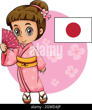 Japanisches Mädchen in rosa Kimono und Japan Flagge Stock Vektor