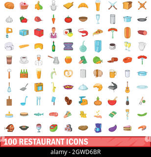 100 Restaurant Symbole, Cartoon Stil Stock Vektor