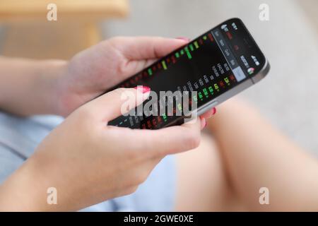 Weibliche Hand mit Smartphone Aktien online im Coffee Shop Business Concept handeln Stockfoto