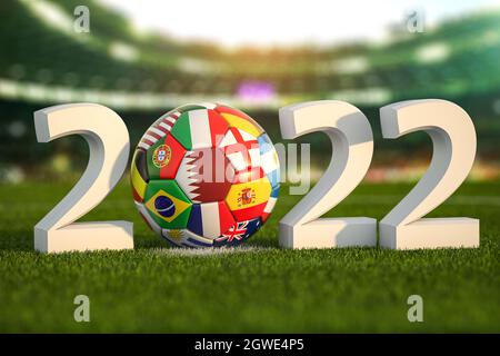 Fußball-Weltmeisterschaft 2022 in Katar. Fußball mit Flaggen von Ländern der Welt auf dem Rasen des Fußballstadions. . 3d-Illustration Stockfoto