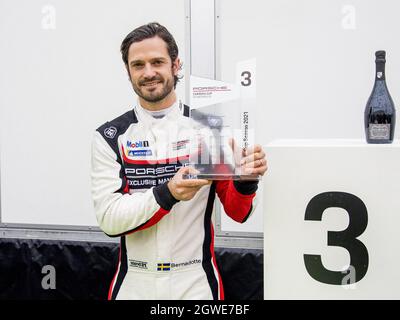 Prinz Carl Philip fährt den Porsche Carrera Cup Scandinavia im Endlauf von Mantorp. Schweden am 2. Oktober 2021. Foto von Johan Valkonen/Stella Picturs/ABACAPRESS.COM Stockfoto