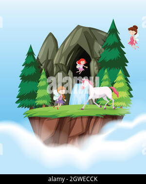 Fairys und Einhorn Szene Stock Vektor