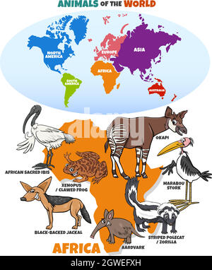 Pädagogische Illustration mit afrikanischen Tieren und Kontinente Karte Stock Vektor
