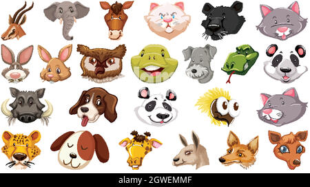 Set von verschiedenen niedlichen Cartoon Tiere Kopf riesige isoliert auf weißem Hintergrund Stock Vektor