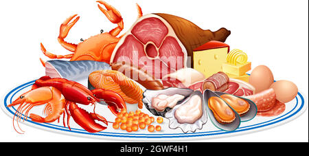 Fresh foods or food protein groups such as meat seafood egg and nuts in a group isolated on white background Stock Vektor