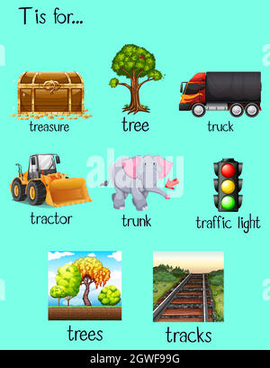 Viele Wörter für den Buchstaben T Stock Vektor