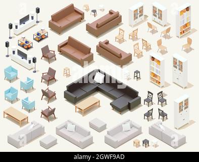 Vector isometrisches Wohnmöbel-Set. Haushalts- und Büromöbel und -Ausrüstung. Sofas, Stühle, Sessel, Tische, Lampen, Schränke und Hocker Stock Vektor