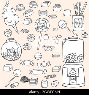 Handgezeichnete Bonbons. Lollipop, Schokolade, Vintage Bubble Gum Dispenser, Lakritze, Zuckerwatte, Gelee Beans. Schwarz und Weiß. Stock Vektor