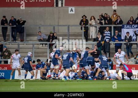 Manchester, Großbritannien. 3. Oktober 2021; AJ Bell Stadium, Eccles, Greater Manchester, England: Gallagher Premiership Rugby, Sale V Exeter; Sale Score ein Frühversuch Kredit: Action Plus Sports Images/Alamy Live News Stockfoto