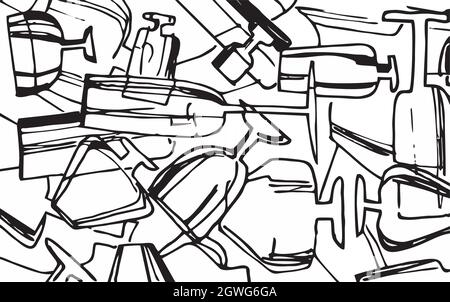 Abstrakt nahtlose Muster schwarz auf weiß nahtlose Linie Handzeichnung Hintergrund mit Flaschen und Weingläser für Design Stock Vektor