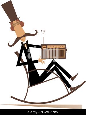 Langer Schnurrbart-Mann im Hut, Schaukelstuhl und Radiosillustration. Langer Schnurrbart Mann im Hut sitzt im Schaukelstuhl und hört Radio Stock Vektor