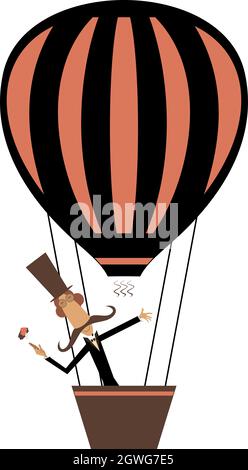 Cartoon-Mann mit Zigarre fliegt auf der Luftballon Illustration. Lustiger langer Schnurrbart-Mann im Hut fliegt auf dem Luftballon und raucht Zigarrenisolat Stock Vektor