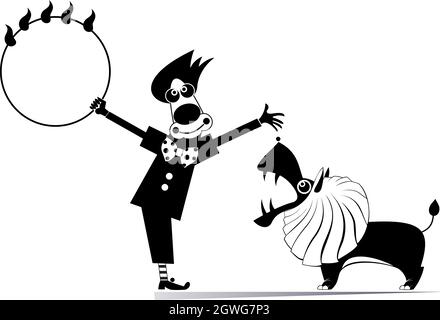 Zirkus, Clown eine Darstellung von Tamer und Löwen Cartoon-Clown versucht, einen Löwen durch einen gefeuerten Reifen zu springen, schwarz auf weiß Stock Vektor