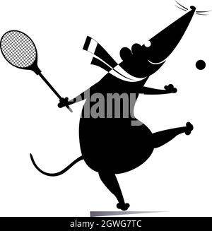 Lustige Ratte oder Maus spielt Tennis Illustration. Cartoon Ratte oder Maus spielt Tennis schwarz auf weiß Stock Vektor