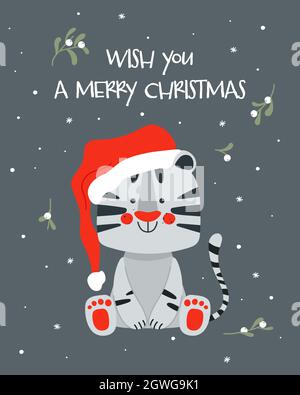 Wünschen Sie eine frohe Weihnachtskarte mit niedlichen weißen Tiger, Symbol 2022 Jahr. Vektor-Illustration in handgezeichneter skandinavischer Kinderart Stock Vektor