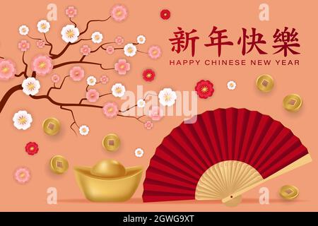 Chinesisches Neujahrsbanner mit Barren, Münze, Papierfächer und Sakura-Baum. Vektor realistische Illustration, Papier Schnitt Stil Stock Vektor