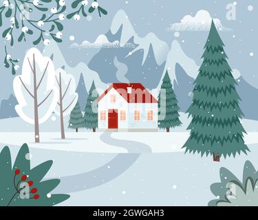 Winterlandschaft mit einem Haus in den Bergen. Landschaft auf dem Land bei Schnee saisonal. Niedliche Vektor-Illustration in flachem Stil Stock Vektor