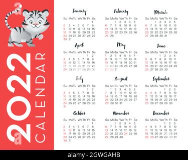 Kalender 2022 für USA mit Tiger-Illustration, Symbol Jahr. Kalenderraster auf Englisch Stock Vektor