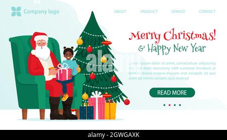 Weihnachtsmann mit einem Kind, auf einem Stuhl sitzend, horizontales Banner. Vektorgrafik im flachen Stil Stock Vektor