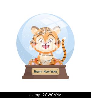 Schneekugel mit niedlichem Tiger im Inneren. Vektor-Illustration in Cartoon-flachen Stil Stock Vektor
